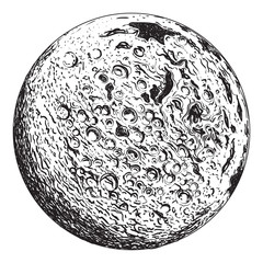Naklejka premium Planeta pełni księżyca z kraterami księżycowymi. Vintage ręcznie rysowane ilustracji wektorowych
