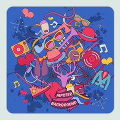 Cartoon hand-drawn Doodle vector hipster background illustration. Colorful detailed design background with objects and symbols
