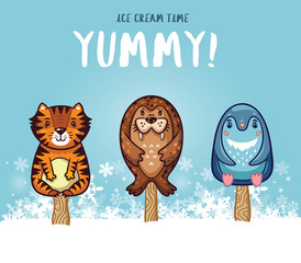 Cute animal popsicles illustration. Vector ice cream set