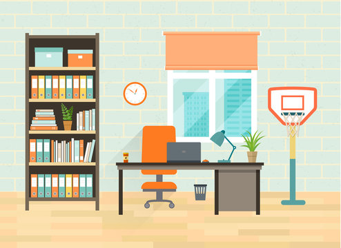 Home office interior with desktop, bookcase, window and basketball. Flat vector illustration