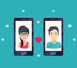 Young man and woman in love on the screen of your smartphone. Video communication. Vector flat illustration