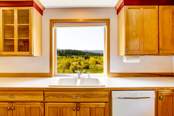 Amazing view from the kitchen window. Country house interior.