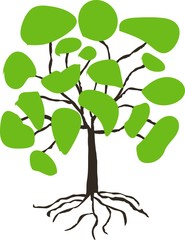 Stylised hand drawn tree with green crown on white, vector illustration