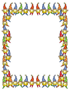 Vector frame with cute gnomes in colorful caps. Funny background for decorations, greetings cards and other design artworks.