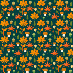 Autumn foliage seamless pattern. Fall theme background with leaves, mushroom and acorns in flat style. Flat vector illustration.