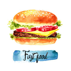 Burger painted with watercolors on white background. Sketch a simple meal. Fast food. Bun, chicken, vegetables