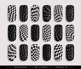 Nail art design black & white. A set of overhead nail, labels, stickers, elements for design. Ideas for manicure, pedicure, beauty salons, modeling agencies. Fashion trends. Vector illustration EPS 10