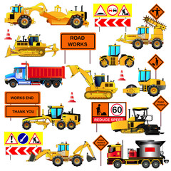 Road construction equipment, icons set, vector illustration, isolated