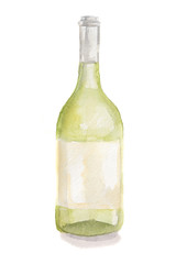 Watercolor white wine bottle. Isolated painted bottle of white wine. Restaurant menu and celebration drinking.