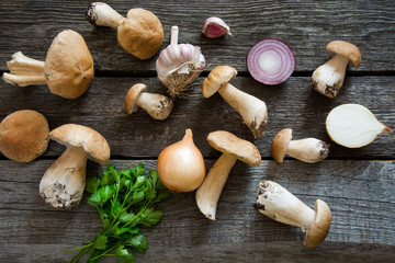 Fresh white mushrooms from forest with parsley and garlic on a rustic wooden board, overhead view.