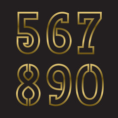 Five, six, seven, eight, nine, zero gold stamped numbers. Trendy and stylish golden font.