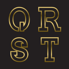 Q, R, S, T gold stamped letters. Trendy and stylish golden font.
