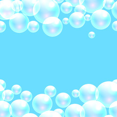 Vector soap bubbles blue banner background with space for text. Transparent bubbles for banner and washing powder package design.