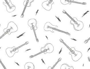Hand drawn guitars line pattern. Outline guitar background