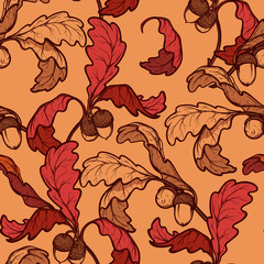 Autumn oak leaves and acorns seamless pattern