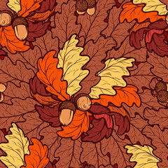 Autumn oak leaves and acorns seamless pattern