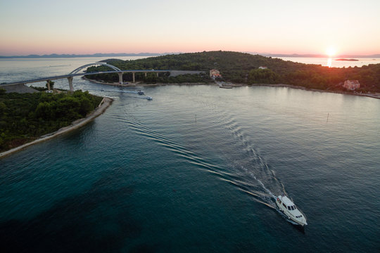 Mali Zdrelac bridge connecting Ugljan and Pasman islands during sunset, Croatia
