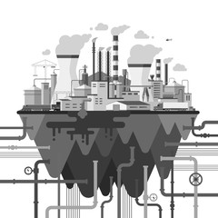 Ecology and nature pollution concept illustration. Industrial landscape with factory buildings, utililies, smoking pipes, coolers, wires, constructions, communications. Flat style vector illustration