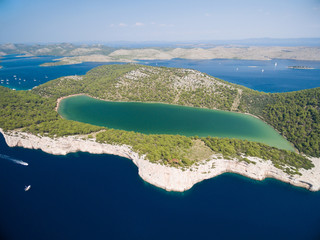 Fototapeta premium Aerial view of the Slano lake in nature park Telascica, Croatia