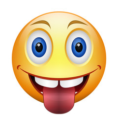Cartoon yellow happy teased smiley with tongue and teeth. Colored cheerful emoticon illustration. Can by as avatar. Vector isolated object.