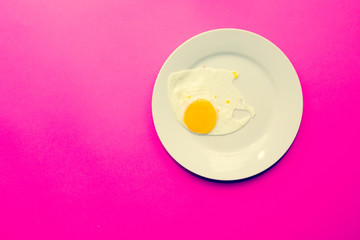 single fried egg on colored trendy background, minimal design