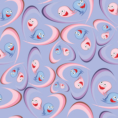 Naklejka premium Fun Ghost monster in the middle of the heart on a blue background.Seamless pattern.For Halloween,cloth,diapers,curtains,Wallpaper,t-shirts and so on.