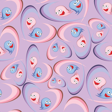 Fun Ghost monster in the middle of the heart on a pink background.Seamless pattern.For Halloween,cloth,diapers,curtains,Wallpaper,t-shirts and so on.