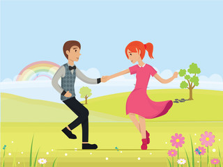 Valentine's Day card, vector illustration, happy couple, love, cartoon characters, romantic date