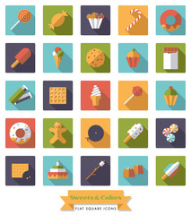 Sweets and Cakes Flat Design Long Shadow Square Icon Set