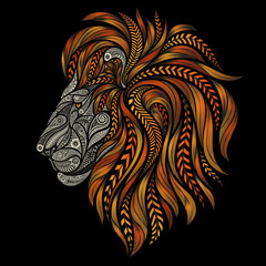Vector lion of beautiful patterns patterns with a fiery mane on a black background