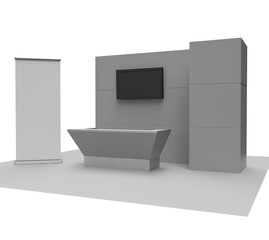blank stand design in exhibition with tv display and roll-up
