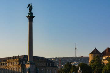 Fototapeta na wymiar Stuttgart Germany Victory Column TV Tower Schlossplatz Castle City Center Sunrise
