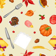 Thanksgiving Day seamless pattern. Ornament with autumn and holiday objects