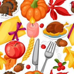 Thanksgiving Day seamless pattern. Ornament with autumn and holiday objects
