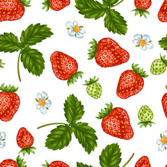 Seamless pattern with red strawberries. Decorative berries and leaves