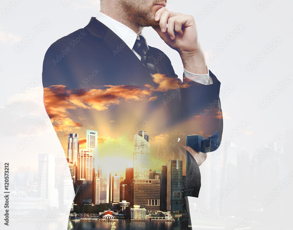 Poster thoughtful man on city background