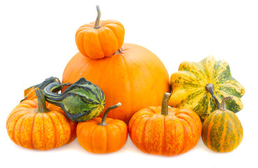 Pile of orange and green pumpkins isolated on white background