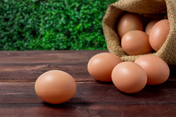 eggs in sackcloth bag on wooden green background