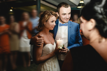 Stylish newlyweds in restaurant