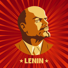Portrait of Vladimir Lenin. Poster stylized Soviet-style. The leader of the USSR. Russian revolutionary symbol. - 120574212