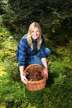 Junge Frau mit korb voller Pilze im Wald