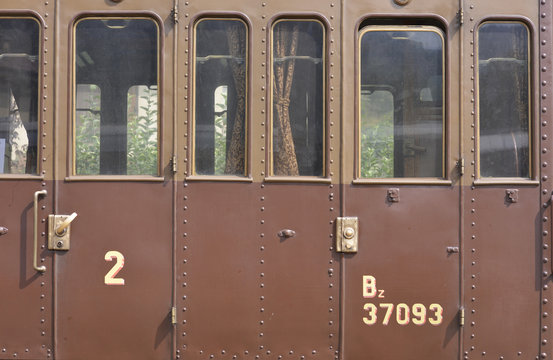 Ancient Italian train car named &ldquo;Centoporte&rdquo;, detail.