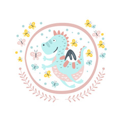 Fototapeta premium Good Dragon Fairy Tale Character Girly Sticker In Round Frame