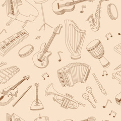 Hand drawn music seamless background pattern ith guitar, keyboard, synthesizer, drum pedal, guitar bass, Vector illustration