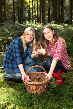 Zwei junge Frauen mit Korb voller Pilze im Wald