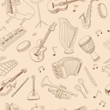 Hand drawn music seamless background pattern ith guitar, keyboard, synthesizer, drum pedal, guitar bass, Vector illustration