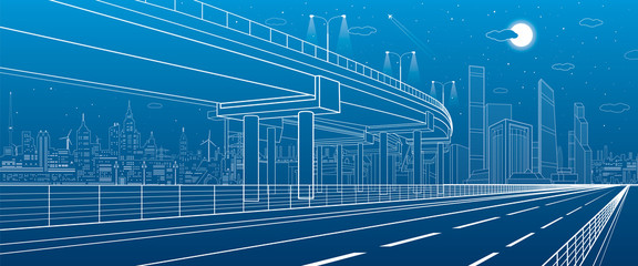 Automotive isolation, architectural and infrastructure illustration, transport overpass, highway, white lines urban scene, night city on background, dynamic composition, vector design art