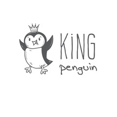 Emblem with cute cartoon king pinguin. Little antarctic bird. Vector contour image.