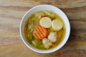 boiled Chinese cabbage with egg tofu and minced pork soup