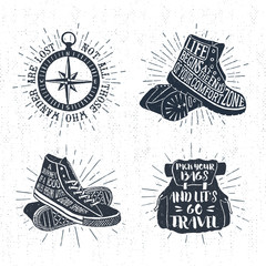 Hand drawn textured vintage labels set with sneakers, boots, rucksack, and lettering vector illustrations.